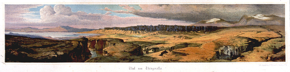 Color painting of Þingvellir, larger version.