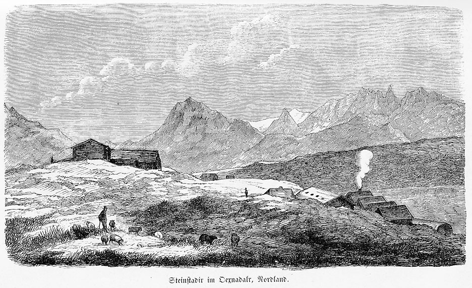 Winkler illustration of Steinsstaðir in 1858, larger version.