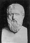 Greyscale image of bust of Plato, small version.