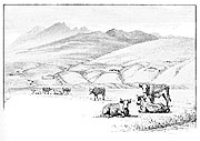 Collingwood drawing of Hlíðarendi seen from Gunnar's Holm, small version.