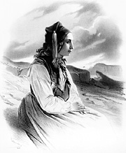 Lithograph of Icelandic woman in traditional attire, small version.
