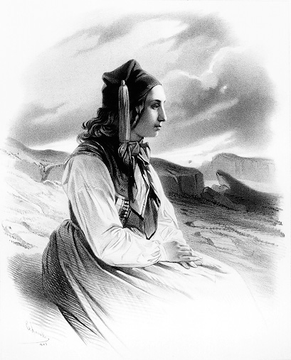 Lithograph of Icelandic woman in traditional attire, larger version.