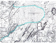 Topographical map of Mount Broadshield with Jónas's route indicated, small version.