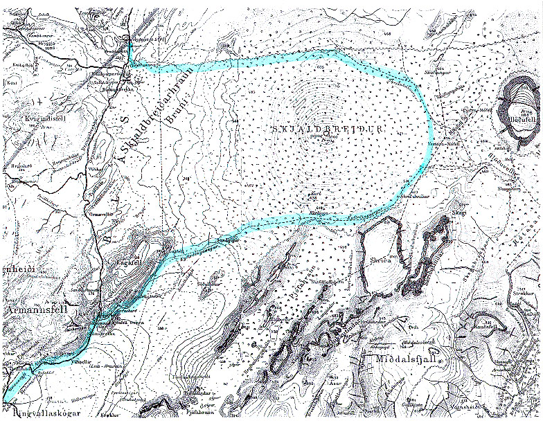 Topographical map of Mount Broadshield with Jónas's route indicated, larger version.