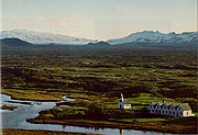 Color photo of Þingvellir and Mount Broadshield, small version.