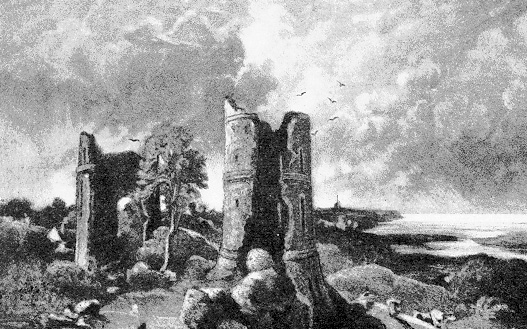 Greyscale image of tower ruin, larger version.