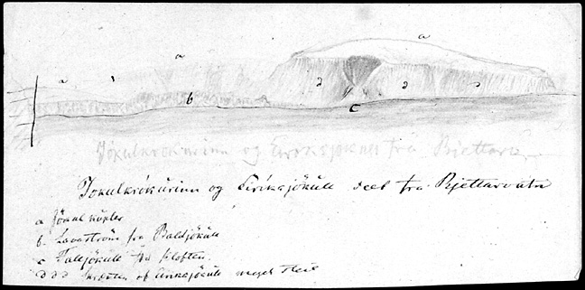 Greyscale image of Jónas's sketch of Eiríkur's Glacier, larger version.