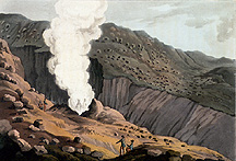 Color engraving of jet of steam at Krísuvík, small version.