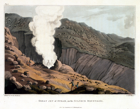 Color engraving of jet of steam at Krísuvík, larger version.