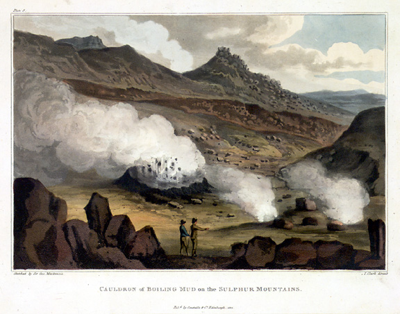 Color engraving of boiling mud at Krísuvík, larger version.