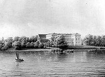 Greyscale lithograph of lake, small version.