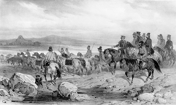 Lithograph of expedition party, larger version.