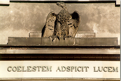 Color photo of detail of portal of Copenhagen University, larger version.