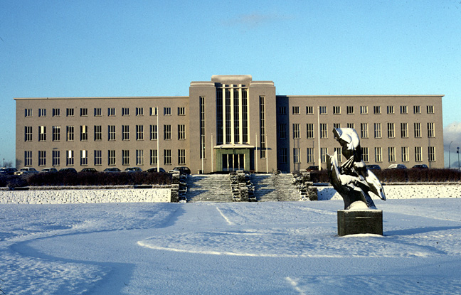 Color photo of University building, larger version.