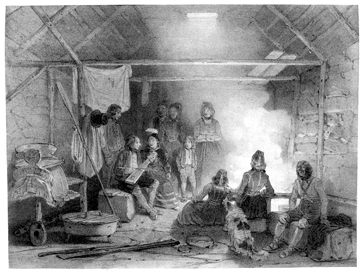 Lithograph of concert in kitchen of an Icelandic farmhouse, larger version.